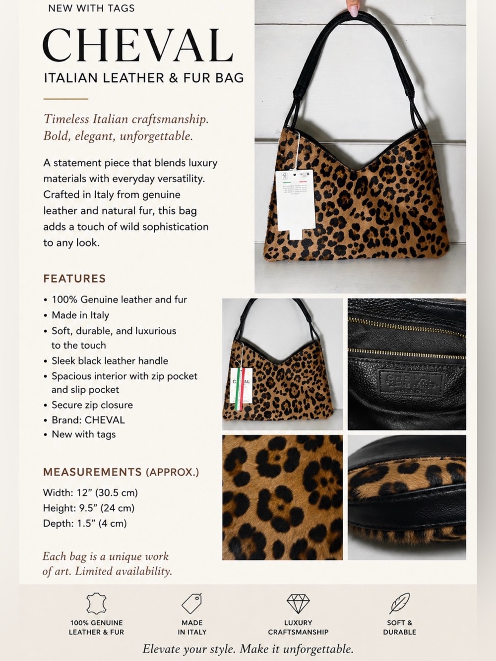 CHEVAL Italian Genuine Leather & Fur Leopard Print Shoulder Bag NWT